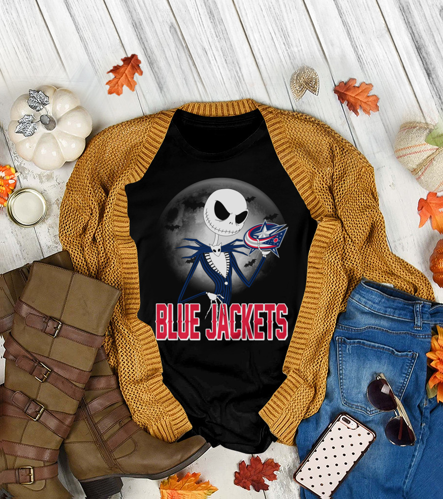 Jack Skellington Columbus Blue Jackets Halloween Fan Logo Moon Background T-Shirt