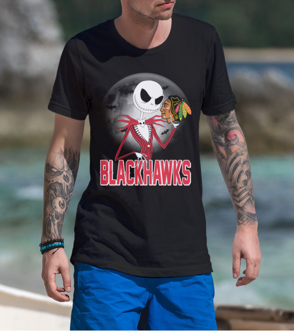 Jack Skellington Halloween Full Moon Chicago Blackhawks Collaboration T-Shirt