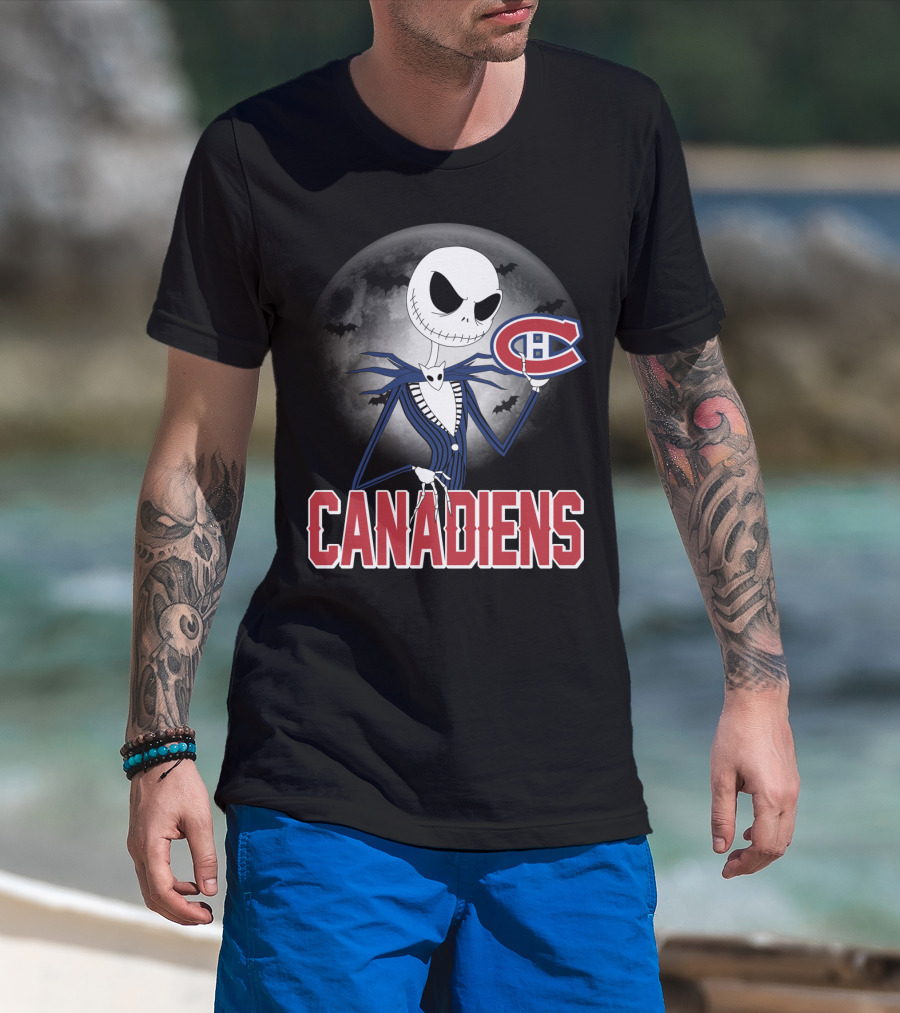 Jack Skellington Halloween Canadiens Logo Moon Background T-Shirt