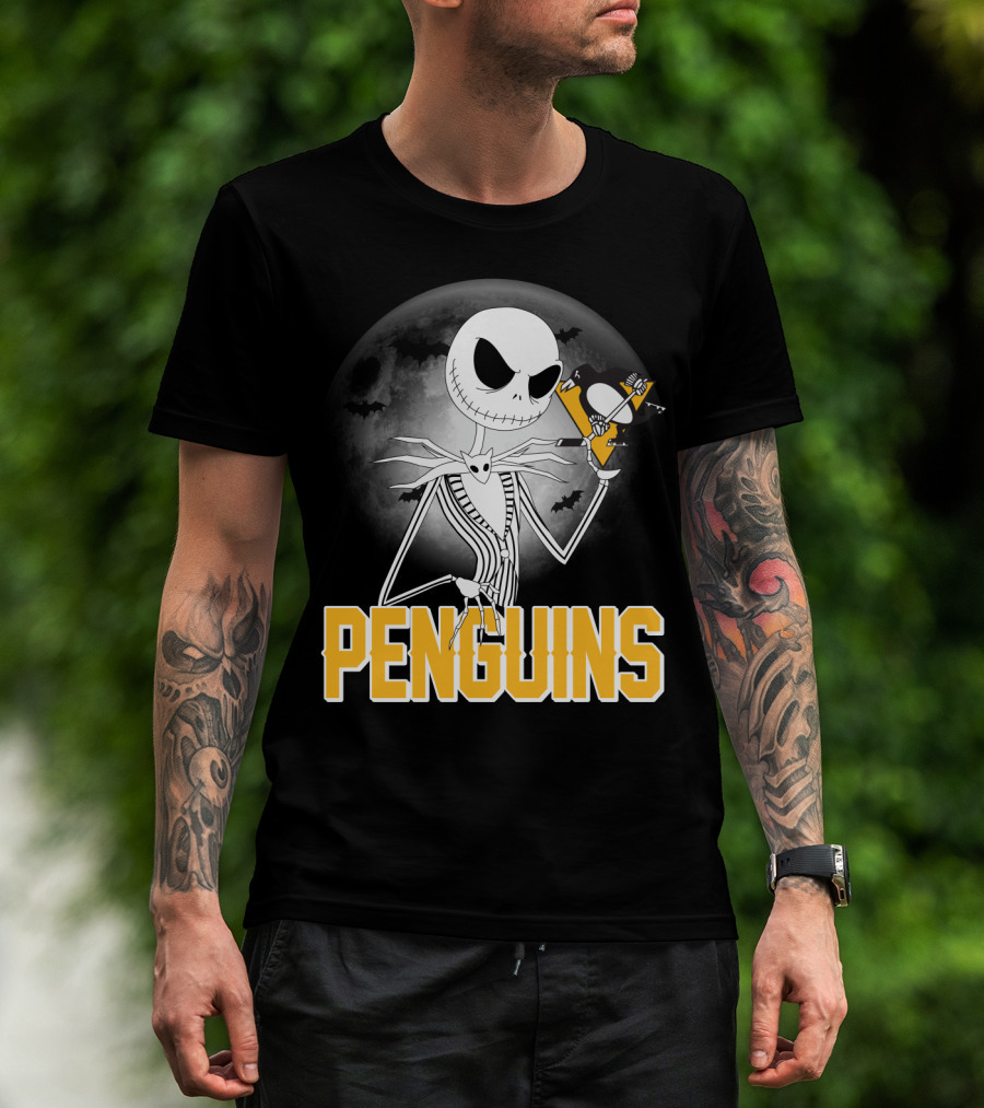 Jack Skellington Halloween Full Moon Penguins Hockey T-Shirt