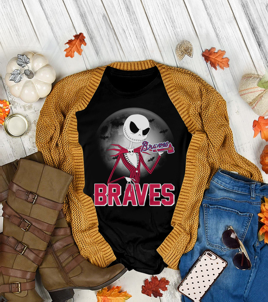 Jack Skellington Braves Halloween with Atlanta Baseball Moon and Bats T-Shirt