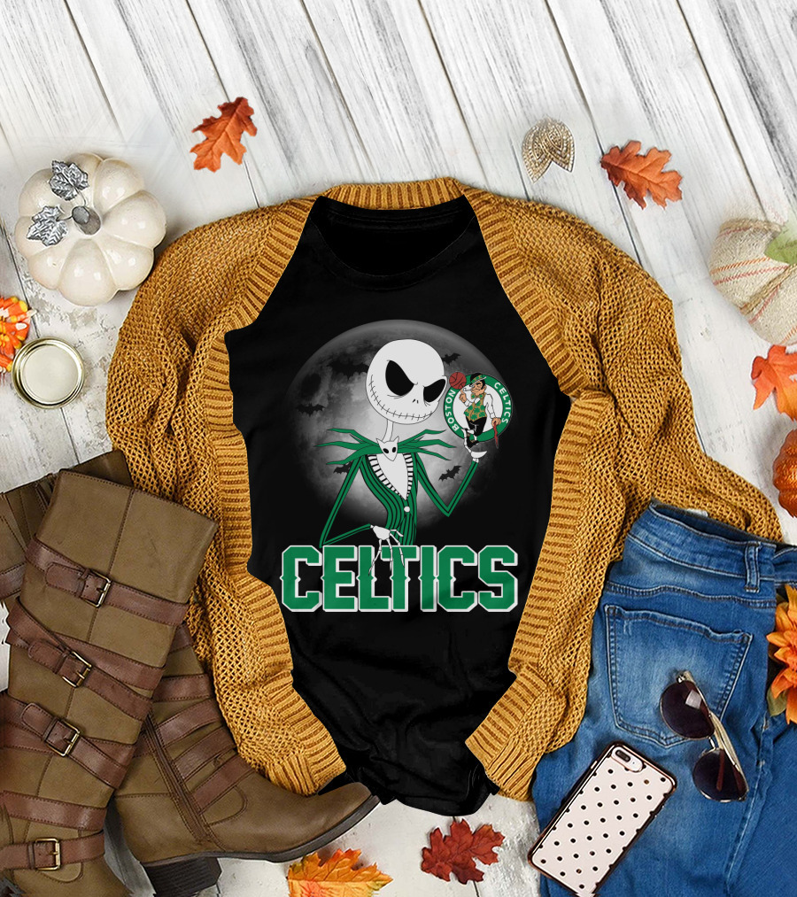 Celtics Jack Skellington Halloween Boston Celtics Moon And Bats T-Shirt