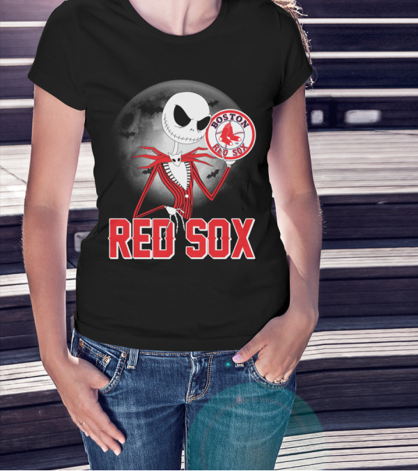 Jack Skellington Holding Boston Red Sox Logo With Halloween Moon Background T-Shirt