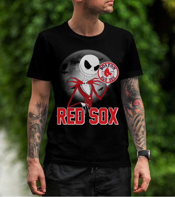 Jack Skellington Holding Boston Red Sox Logo With Halloween Moon Background T-Shirt