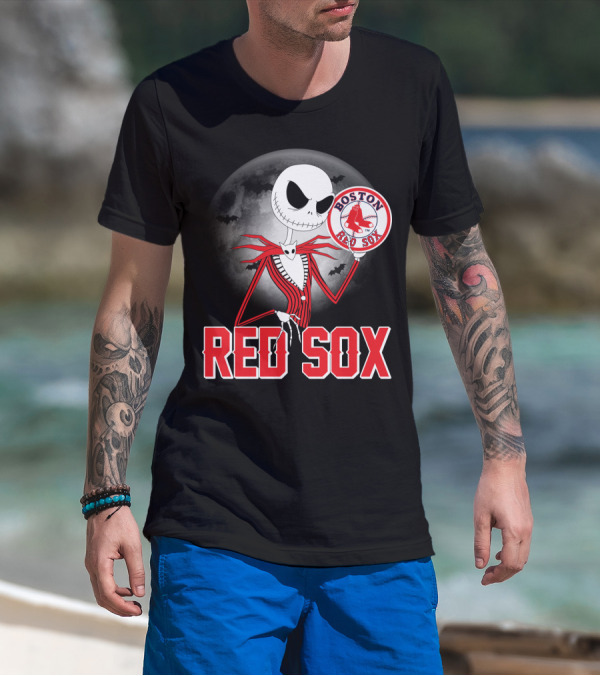 Jack Skellington Holding Boston Red Sox Logo With Halloween Moon Background T-Shirt