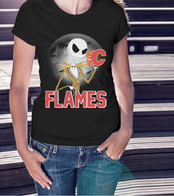 Jack Skellington Flames Halloween Calgary Hockey Crossover T-Shirt