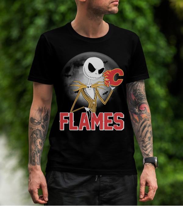 Jack Skellington Flames Halloween Calgary Hockey Crossover T-Shirt