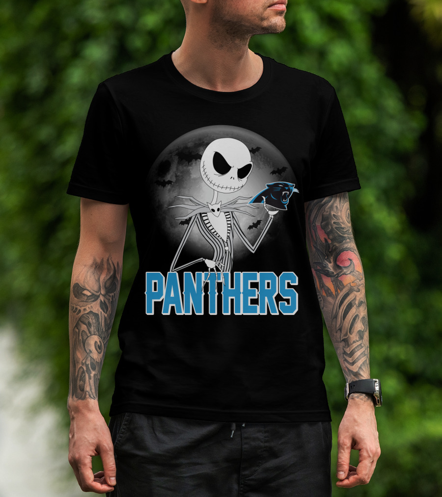 Jack Skellington Panthers Halloween Carolina Panthers Logo Moon Bats T-Shirt