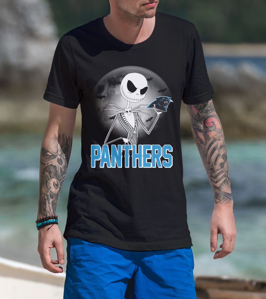 Jack Skellington Panthers Halloween Carolina Panthers Logo Moon Bats T-Shirt