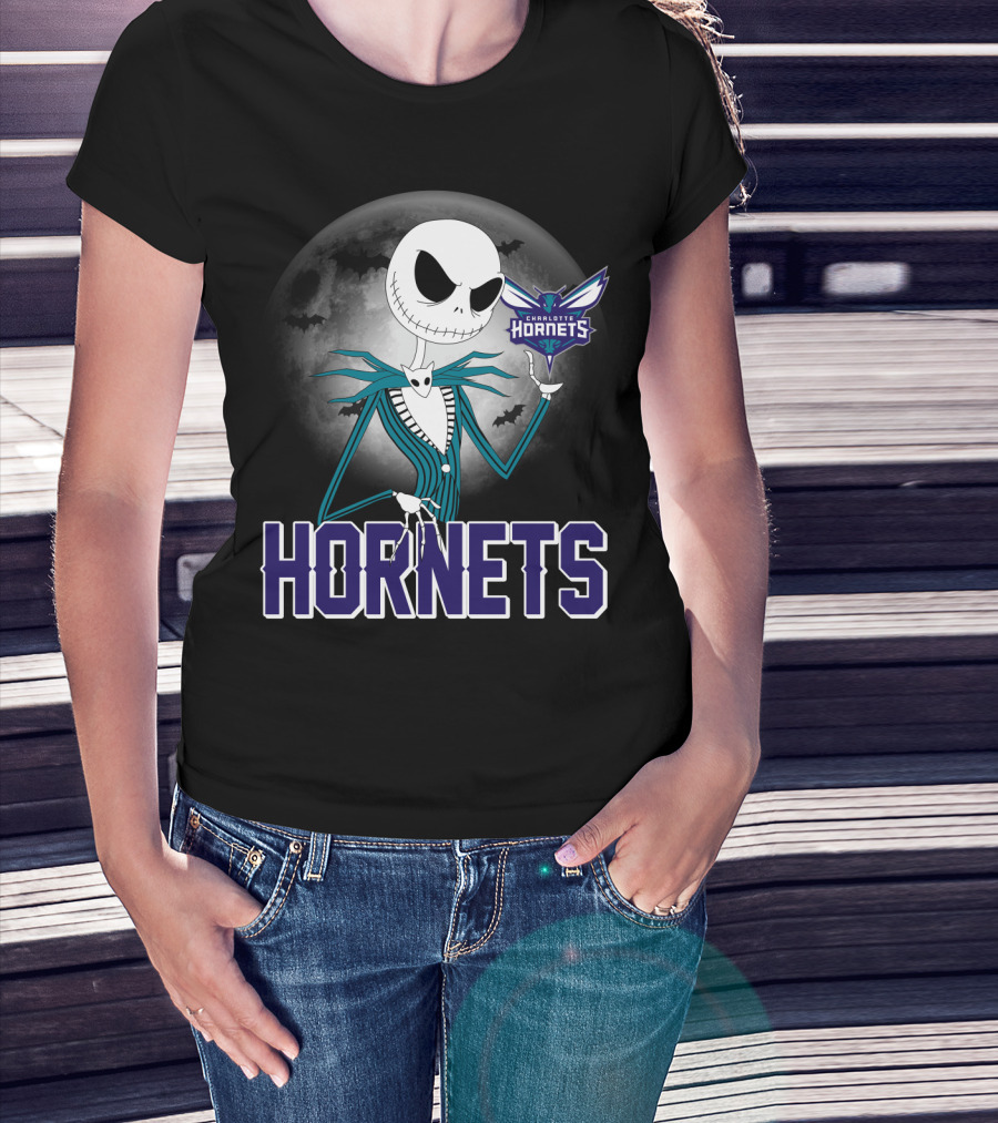 Jack Skellington Halloween Charlotte Hornets Moon Bats T-Shirt
