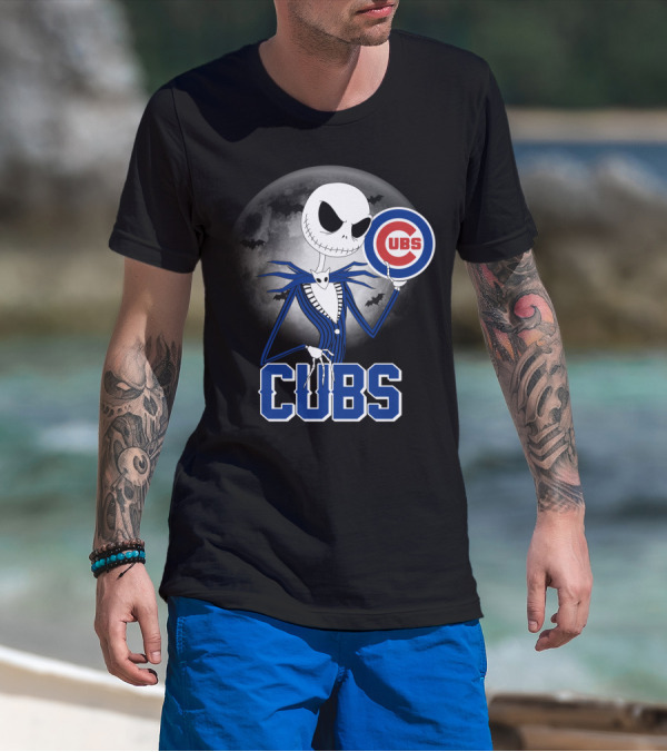 Jack Skellington Halloween Cubs Logo Fans With Full Moon And Bats T-Shirt