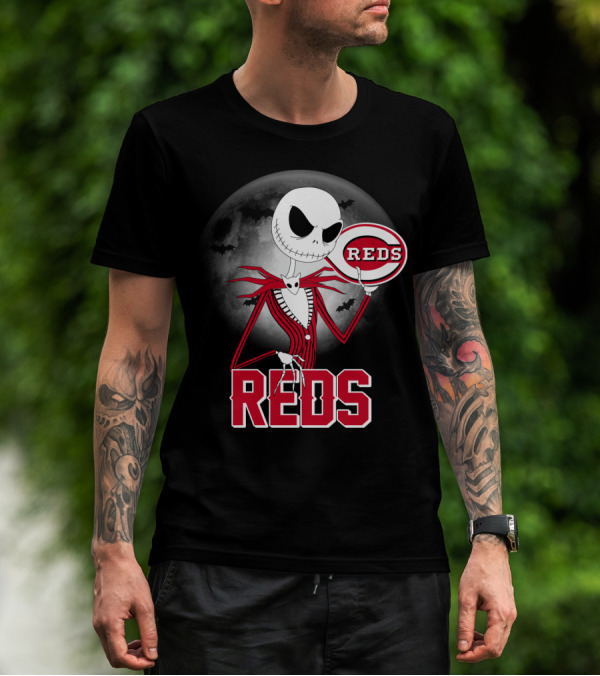 Jack Skellington With Cincinnati Reds Logo Halloween T-Shirt