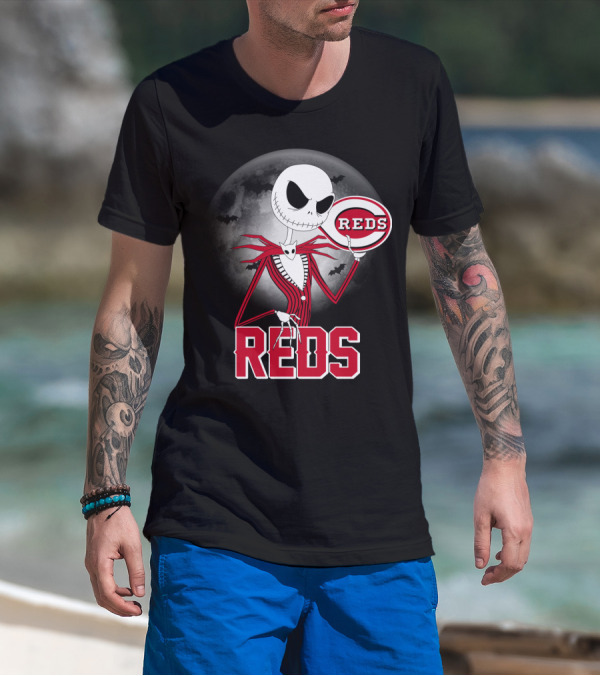 Jack Skellington With Cincinnati Reds Logo Halloween T-Shirt