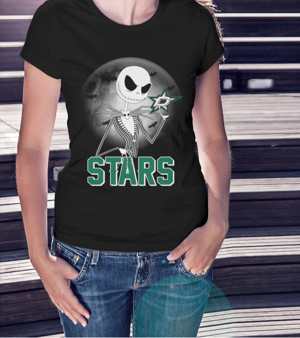 Jack Skellington Dallas Stars Halloween Moon Background Fan T-Shirt