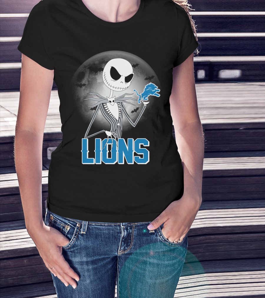 Jack Skellington Detroit Lions Halloween Night Full Moon Bats T-Shirt