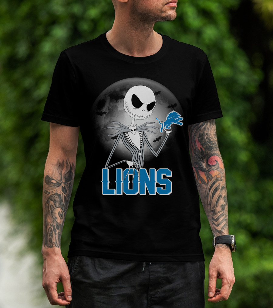 Jack Skellington Detroit Lions Halloween Night Full Moon Bats T-Shirt