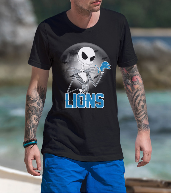 Jack Skellington Detroit Lions Halloween Night Full Moon Bats T-Shirt