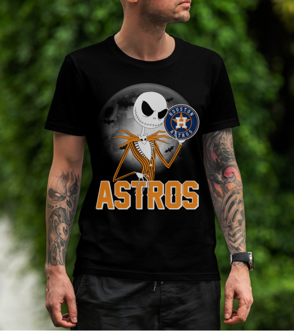 Jack Skellington Holding Houston Astros Logo With Halloween Bats T-Shirt