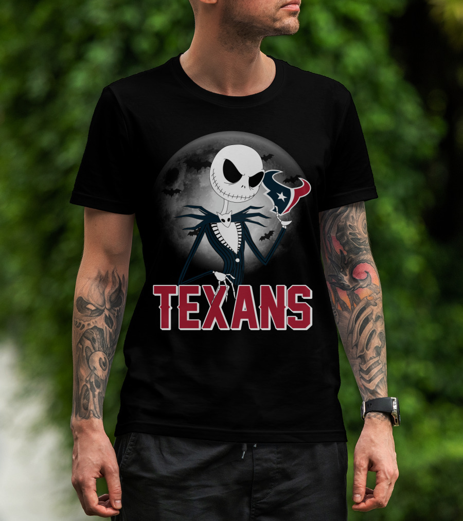 Jack Skellington Holding Houston Texans Logo With Moon And Bats T-Shirt