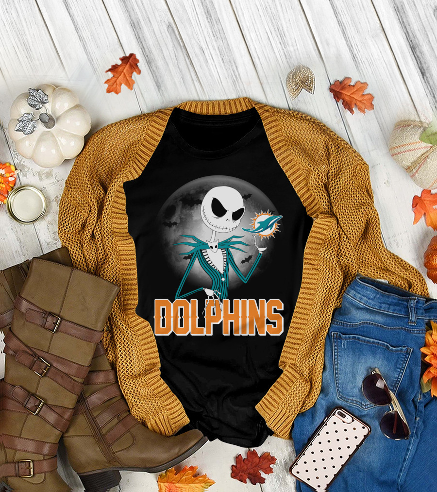 Jack Skellington Dolphins Halloween Miami Logo Moon T-Shirt