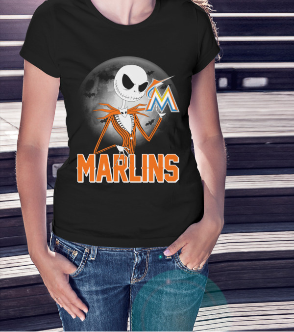 Jack Skellington Miami Marlins Halloween Moon Bat T-Shirt