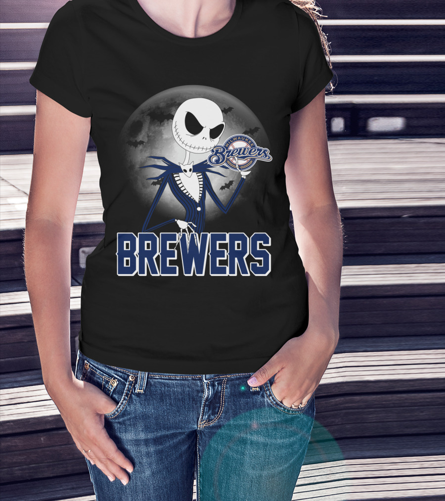 Jack Skellington Halloween Milwaukee Brewers Moon Bats T-Shirt