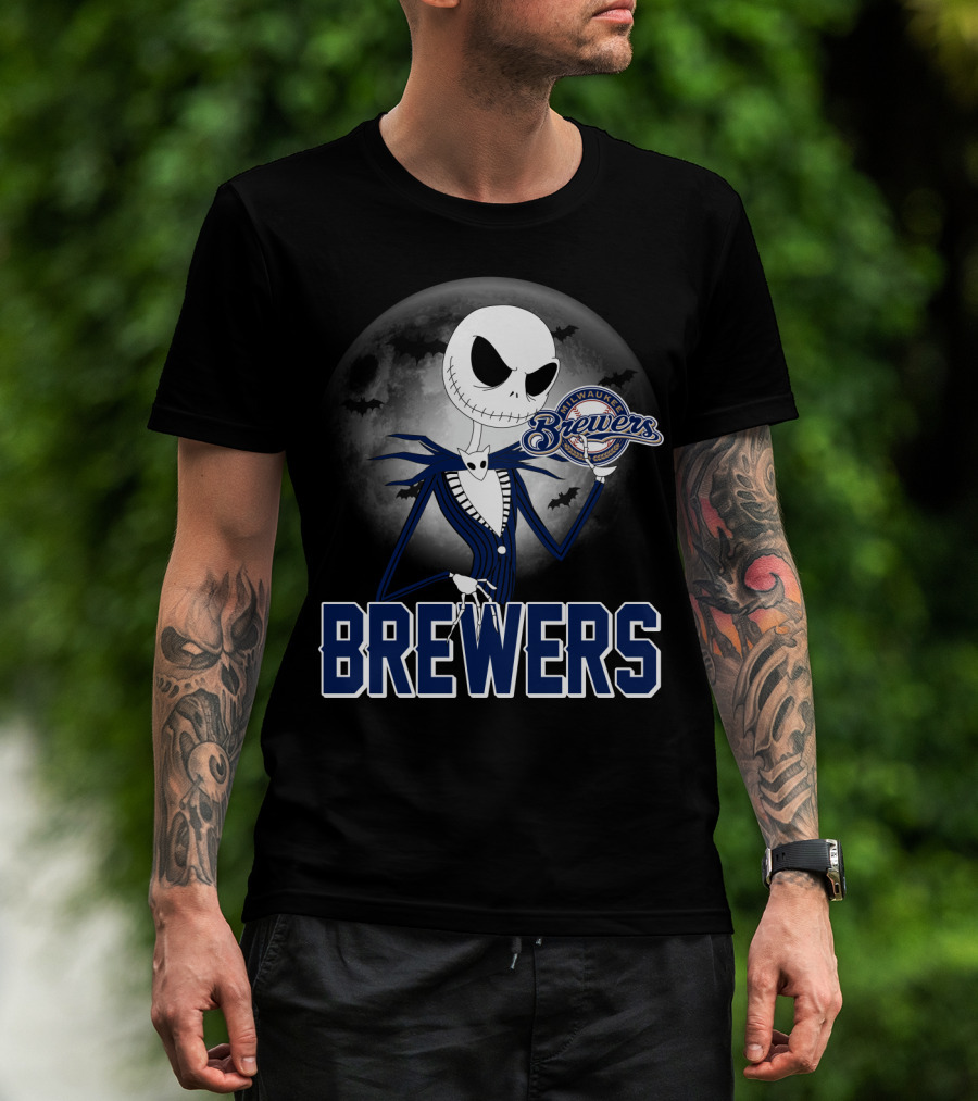 Jack Skellington Halloween Milwaukee Brewers Moon Bats T-Shirt