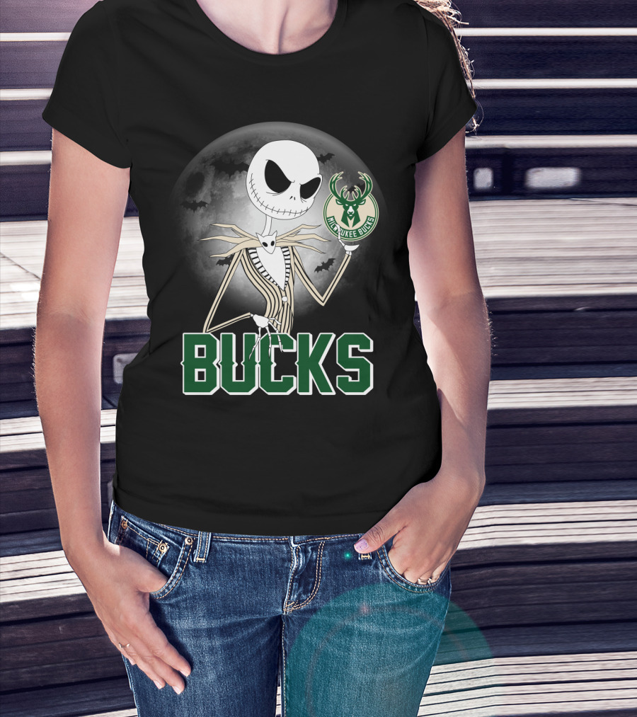 Jack Skellington Halloween Milwaukee Bucks Moon Bats T-Shirt
