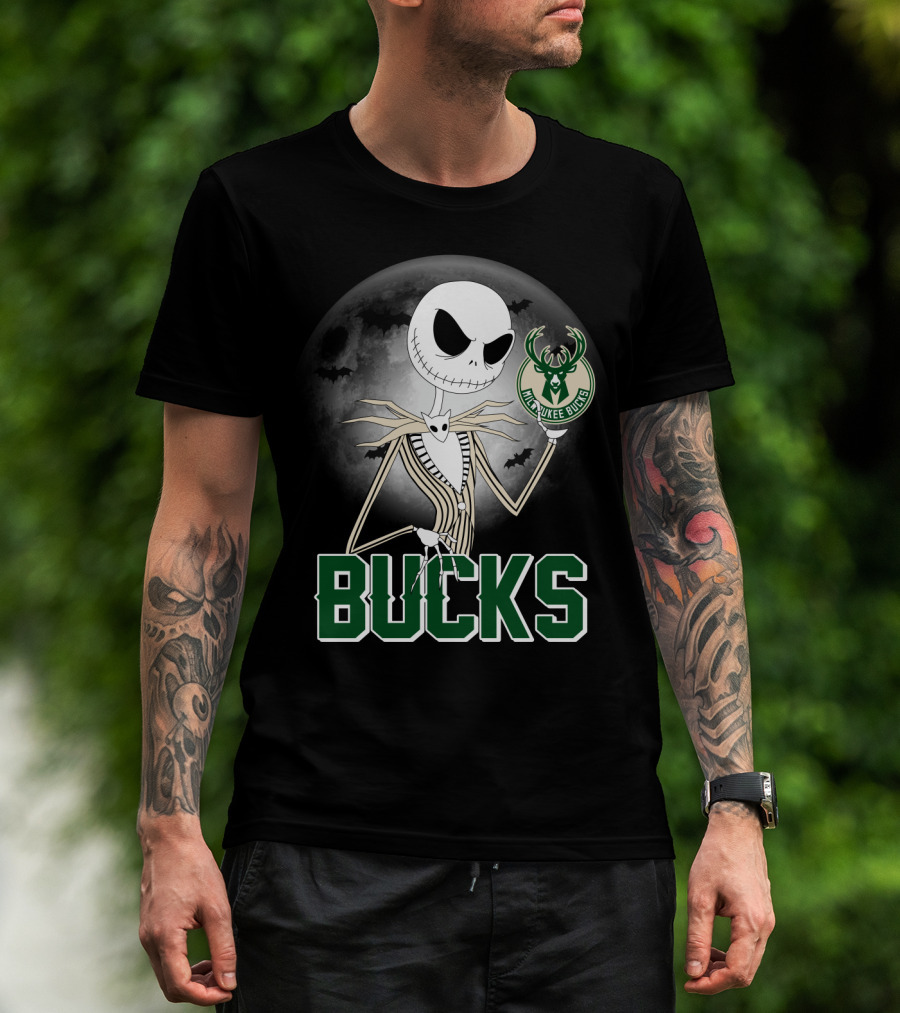 Jack Skellington Halloween Milwaukee Bucks Moon Bats T-Shirt