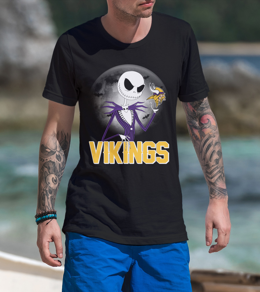 Jack Skellington Vikings Halloween Minnesota Football Theme T-Shirt