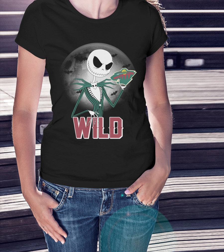 Jack Skellington Halloween Moon And Minnesota Wild Logo Spooky T-Shirt