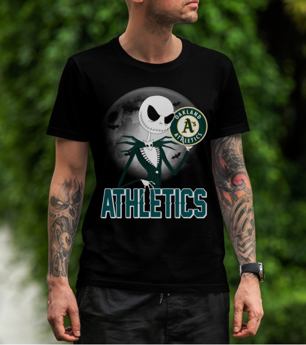 Jack Skellington Holding Oakland Athletics Logo With Halloween Moon And Bats T-Shirt