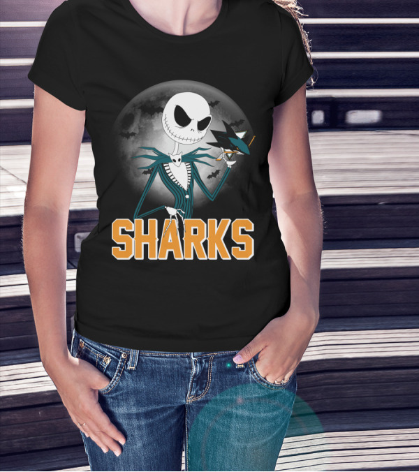 Jack Skellington San Jose Sharks Halloween Moon Background T-Shirt