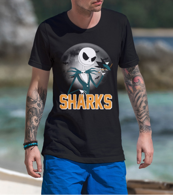 Jack Skellington San Jose Sharks Halloween Moon Background T-Shirt