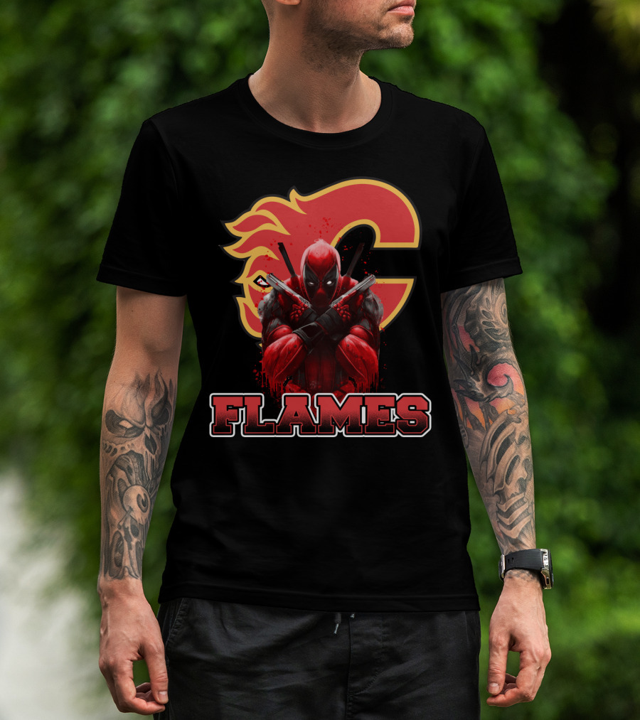 Deadpool Calgary Flames Crossover Fan Tribute T-Shirt