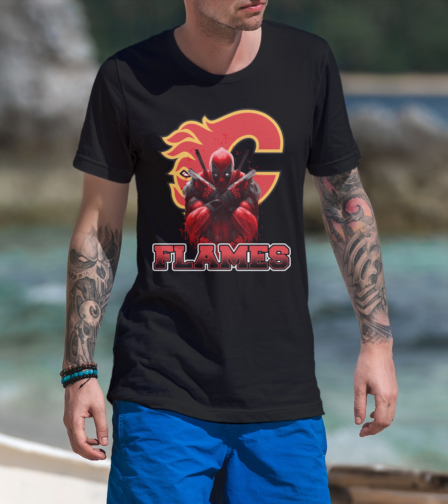 Deadpool Calgary Flames Crossover Fan Tribute T-Shirt
