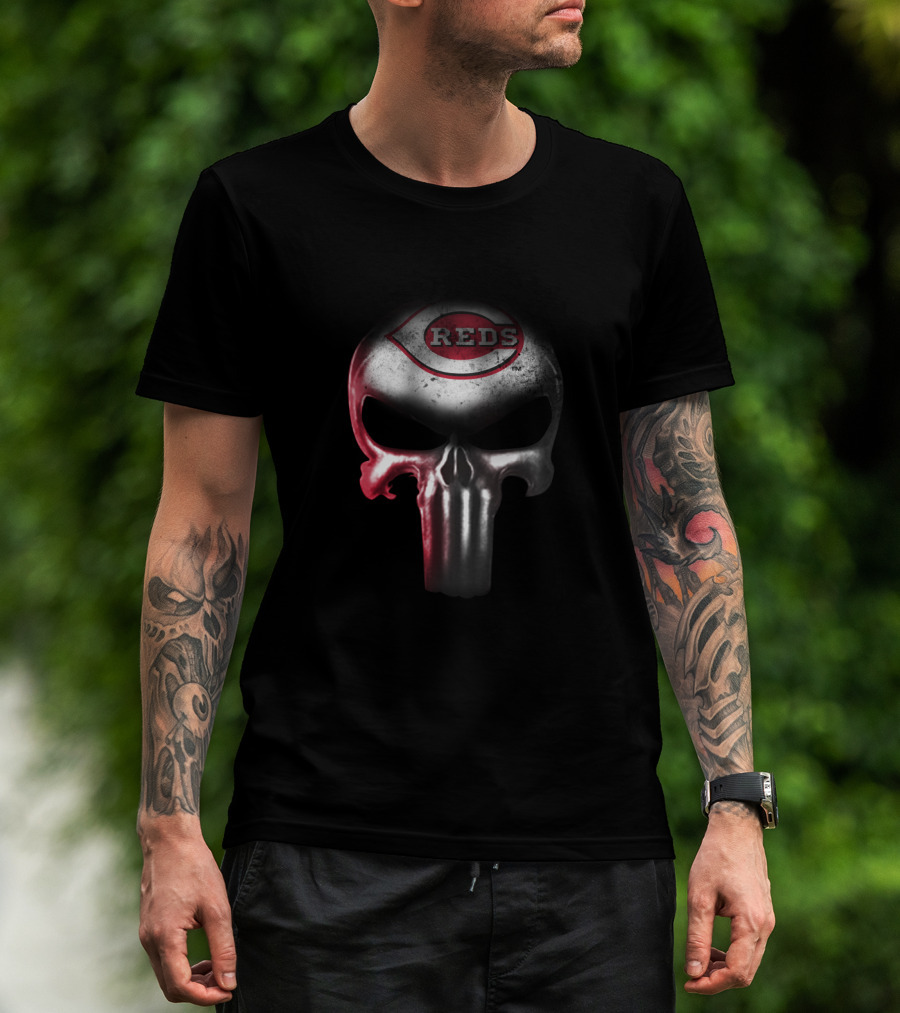 Cincinnati Reds Fans Punisher Skull Iconic Logo Combination T-Shirt