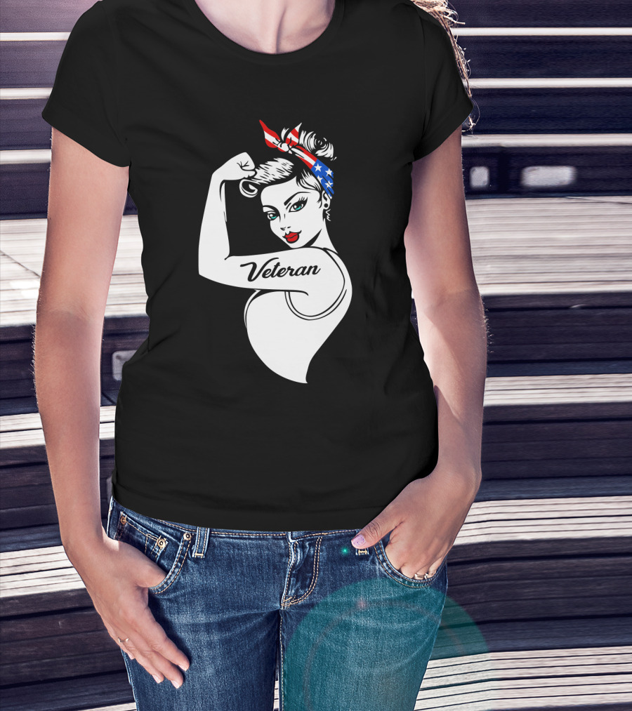 Veteran Strong Woman With Patriotic Headband Rosie The Riveter Style T-Shirt