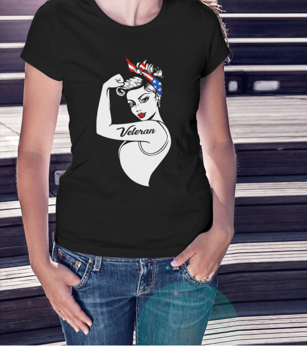 Veteran Strong Woman With Patriotic Headband Rosie The Riveter Style T-Shirt