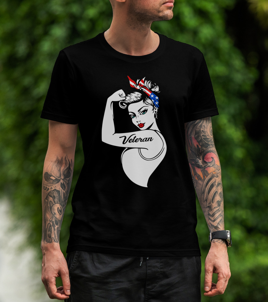 Veteran Strong Woman With Patriotic Headband Rosie The Riveter Style T-Shirt