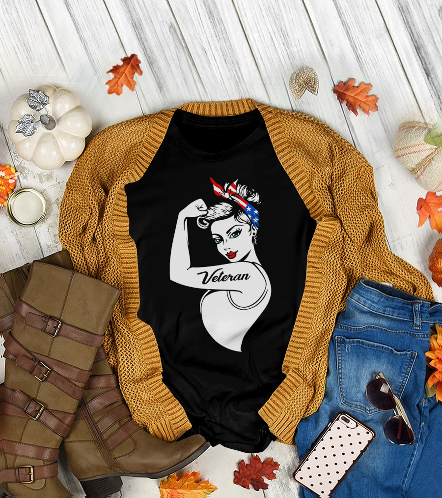 Veteran Strong Woman With Patriotic Headband Rosie The Riveter Style T-Shirt