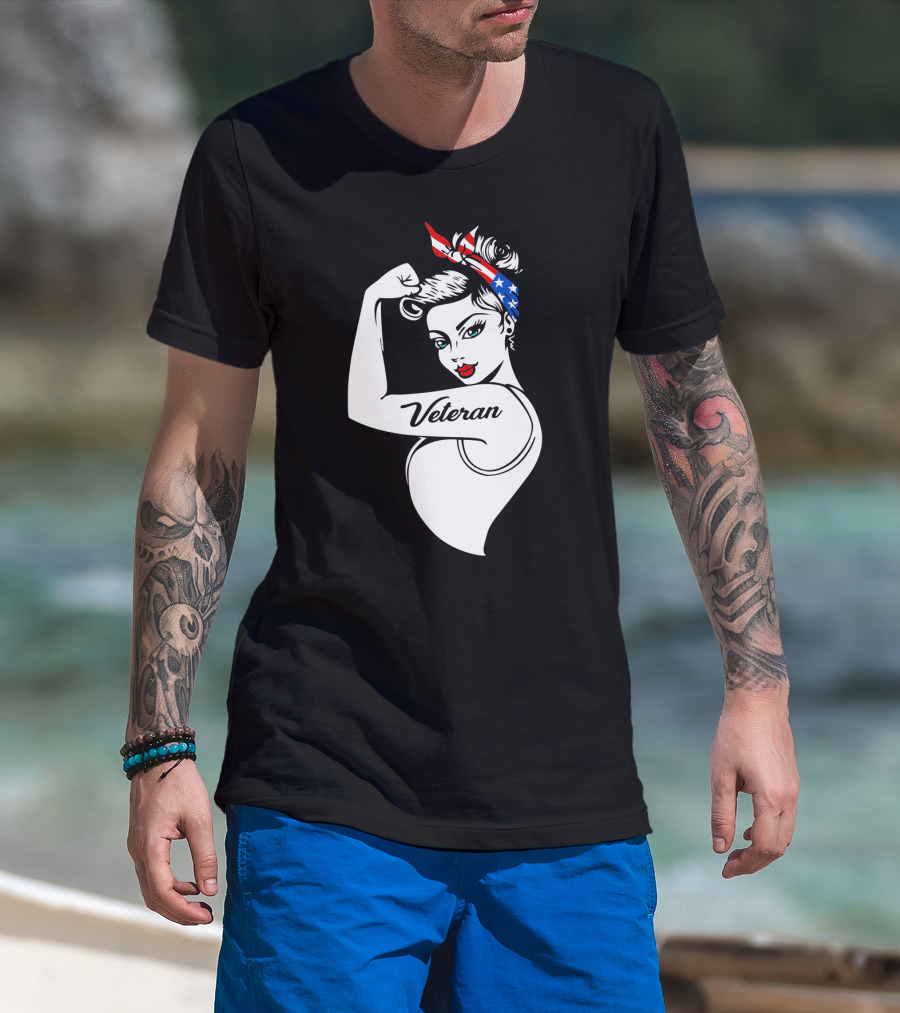 Veteran Strong Woman With Patriotic Headband Rosie The Riveter Style T-Shirt