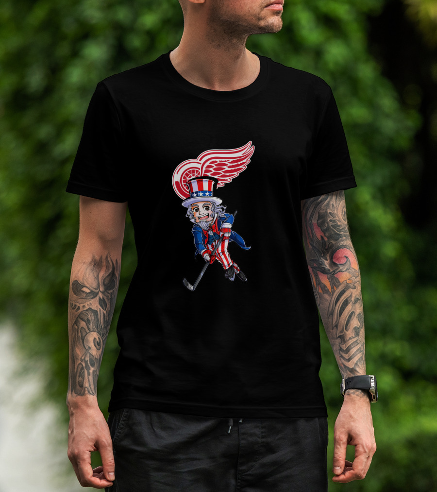 Uncle Sam Hockey With Detroit Red Wings Logo For 4Th Of July Celebration T-Shirt