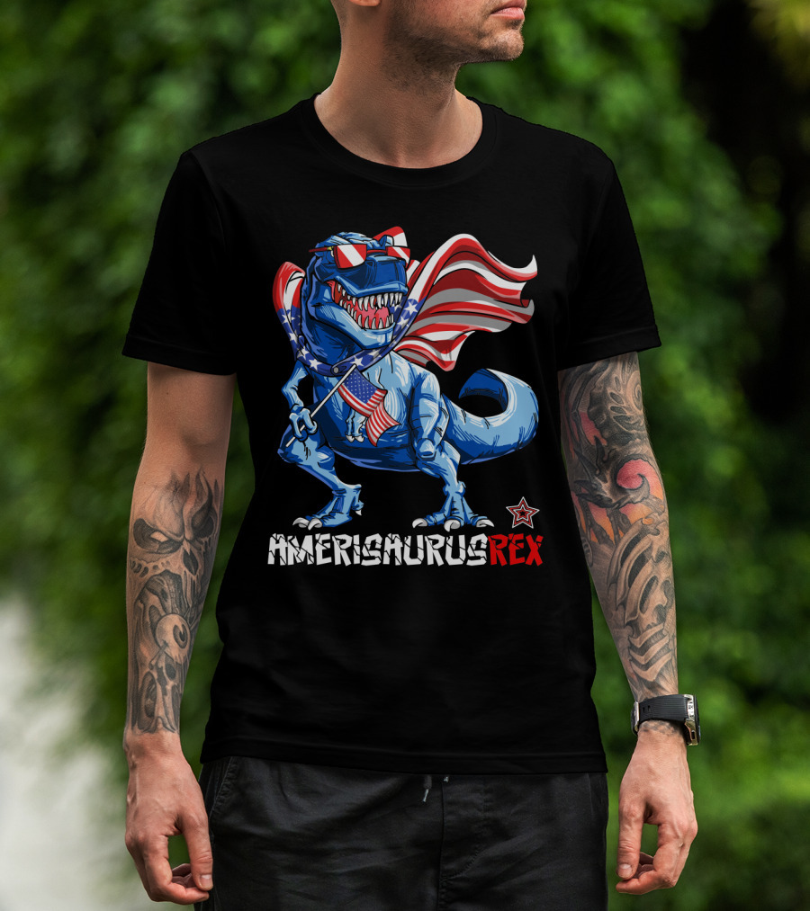 Amerisaurus Rex Dinosaur With Usa Flag And Star Sunglasses For Patriotic 4Th Of July T-Shirt