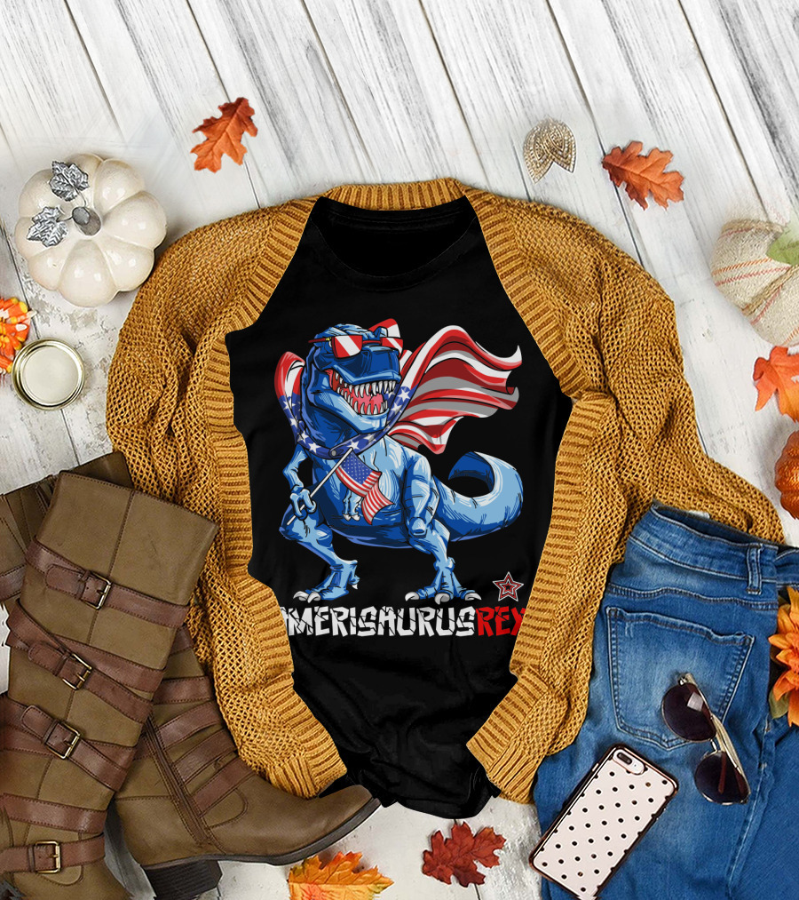 Amerisaurus Rex Dinosaur With Usa Flag And Star Sunglasses For Patriotic 4Th Of July T-Shirt
