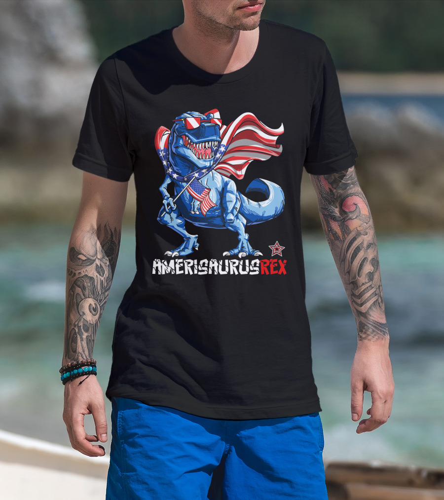 Amerisaurus Rex Dinosaur With Usa Flag And Star Sunglasses For Patriotic 4Th Of July T-Shirt