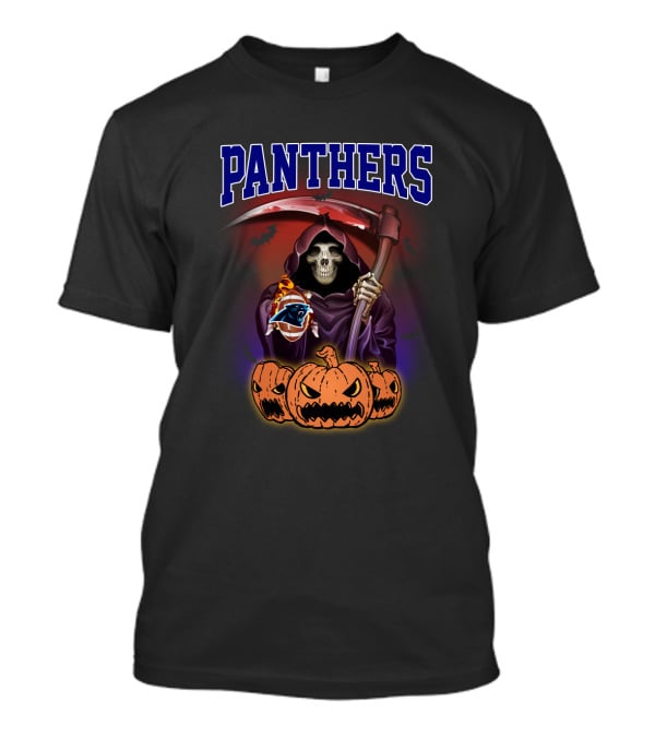 Panthers Grim Reaper Holding Scythe With Carolina Panthers Logo And Halloween Pumpkins T-Shirt