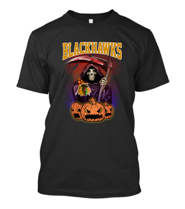 Blackhawks Reaper With Scythe And Pumpkins Halloween T-Shirt