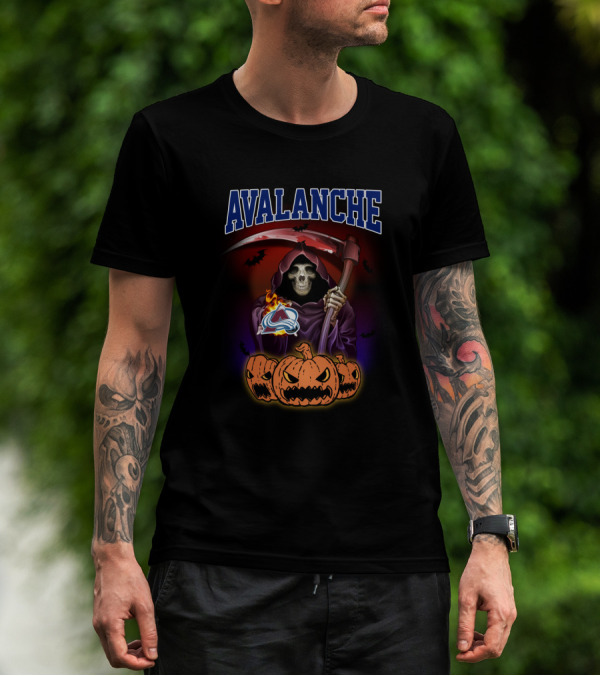 Avalanche Grim Reaper And Halloween Pumpkins With Colorado Avalanche T-Shirt
