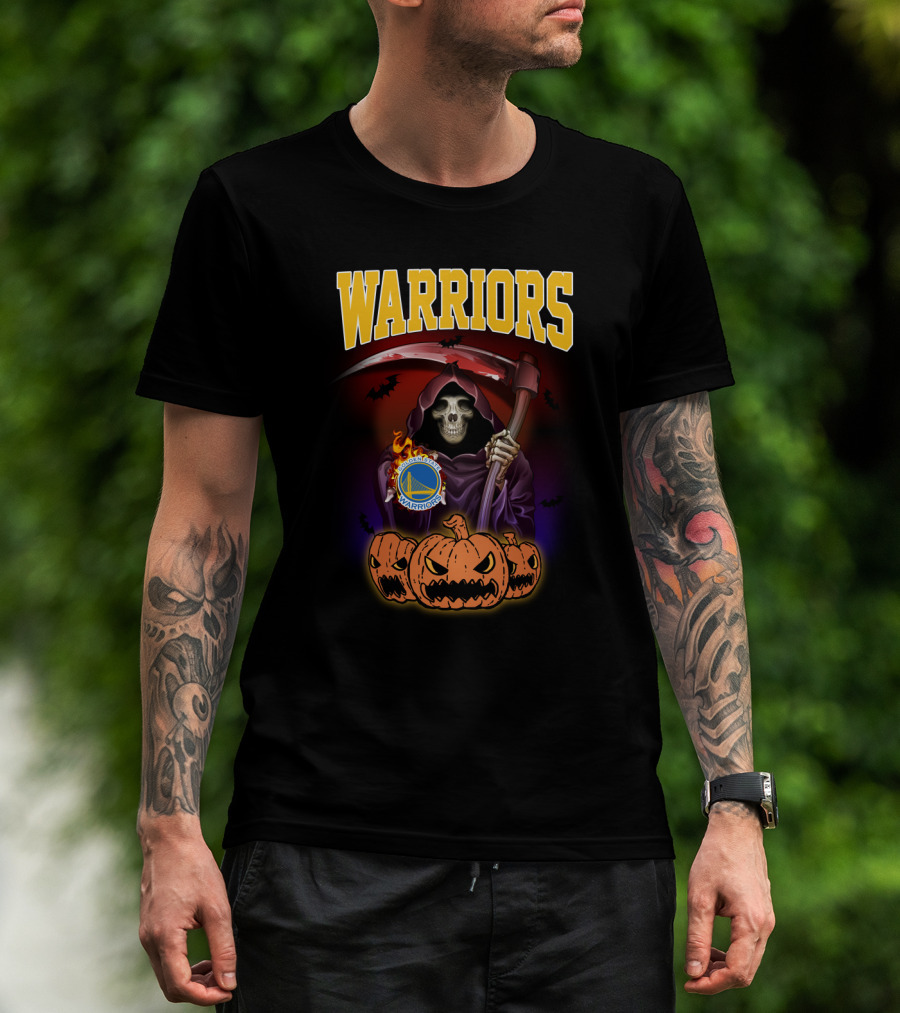 Warriors Grim Reaper Halloween With Golden State Warriors Logo And Pumpkins T-Shirt